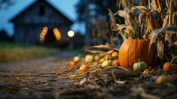 pumpkins and corn on the ground in front of a barn generative ai photo