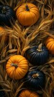 calabazas en un pila de trigo con un negro uno en el medio generativo ai foto