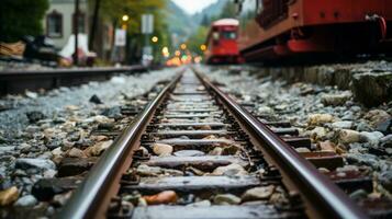 ferrocarril pistas en el montañas con un rojo tren generativo ai foto