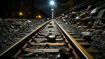 railroad tracks at night with a light shining on them generative ai photo