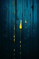 rain drops on a wooden wall with a yellow light generative ai photo