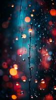 gotas de lluvia en un ventana a noche con luces en el antecedentes generativo ai foto