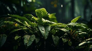 raindrops on the leaves of a jungle plant generative ai photo