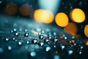 raindrops on the surface of a wet surface with lights in the background generative ai photo