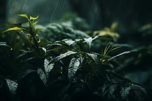 lluvioso bosque con plantas y hojas en el lluvia generativo ai foto