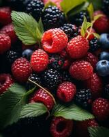 raspberries blackberries and blueberries with leaves generative ai photo