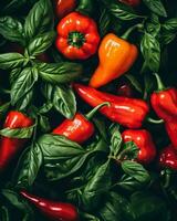 red and orange peppers on a black background generative ai photo