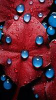 rojo y azul agua gotas en un rojo hoja generativo ai foto