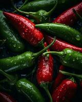 red and green peppers with water droplets on them generative ai photo