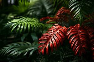 red and green tropical plants in the jungle generative ai photo