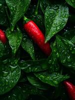 red chili peppers with water droplets on the leaves generative ai photo