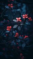 red flowers on a branch in the dark generative ai photo