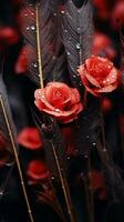 rojo rosas y plumas en un negro antecedentes generativo ai foto