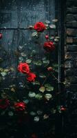red roses on a brick wall in the rain generative ai photo