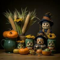 scarecrows pumpkins and corn on a wooden table generative ai photo