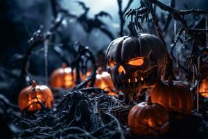 scary halloween pumpkins with glowing eyes in the dark generative ai photo