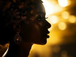 silhouette of a beautiful african woman with gold earrings generative ai photo