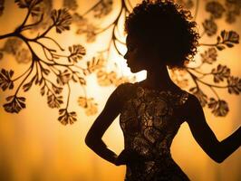 silhouette of a beautiful woman in a gold dress standing in front of a tree generative ai photo