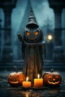 scary halloween pumpkins and a witch with candles generative ai photo