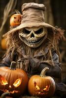 scary halloween scarecrow with pumpkins generative ai photo