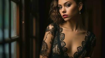sexy woman in black lace lingerie generative ai photo