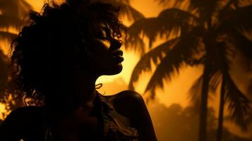 silhouette of a beautiful woman in front of palm trees at sunset generative ai photo