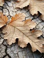 several oak leaves laying on top of a wooden surface generative ai photo