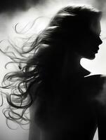 silhouette of a beautiful woman with her hair blowing in the wind generative ai photo