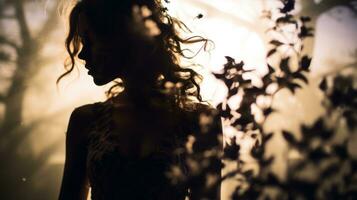 silhouette of a woman in the woods at sunset generative ai photo