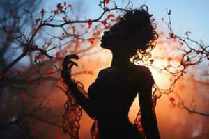 silhouette of a woman standing in front of a tree with red flowers generative ai photo