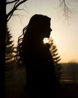 silueta de un mujer en pie en frente de un árbol a puesta de sol generativo ai foto