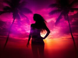 silueta de un mujer en pie en frente de palma arboles a puesta de sol generativo ai foto