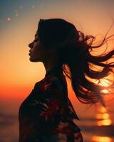 silhouette of a woman with her hair blowing in the wind at sunset generative ai photo
