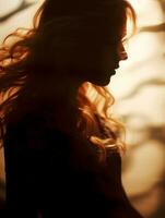 silueta de un mujer con su pelo soplo en el viento generativo ai foto