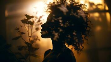 silhouette of a woman with curly hair in front of the sun generative ai photo