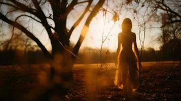 silhouette of a woman walking in the woods at sunset generative ai photo