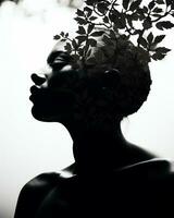 silueta de un mujer con hojas en su cabeza generativo ai foto