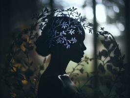silhouette of a woman with leaves in her hair generative ai photo