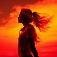 silhouette of a woman with long hair in front of an orange sky generative ai photo