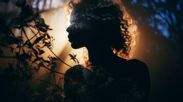 silhouette of a woman with curly hair in the dark generative ai photo