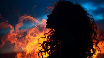 silueta de un mujer con largo pelo y fuego en el antecedentes generativo ai foto