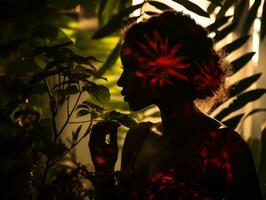 silhouette of a woman with red flowers in her hair generative ai photo