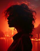 silhouette of a woman with red hair in front of a city at night generative ai photo