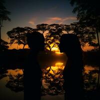 silueta de dos personas mirando a cada otro en frente de un lago a puesta de sol generativo ai foto