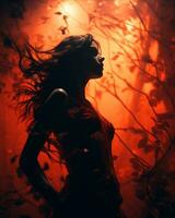 silueta de mujer en rojo bosque con hojas soplo en el viento generativo ai foto