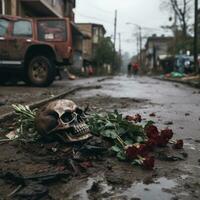 cráneo y rosas en un lodoso calle generativo ai foto