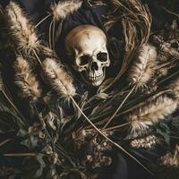 skull surrounded by dried grasses and flowers generative ai photo