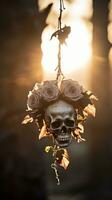skull hanging from a tree with roses in the background generative ai photo