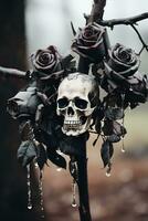 skull and roses on a branch in the woods generative ai photo