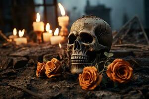 cráneo y rosas en un cementerio con velas generativo ai foto